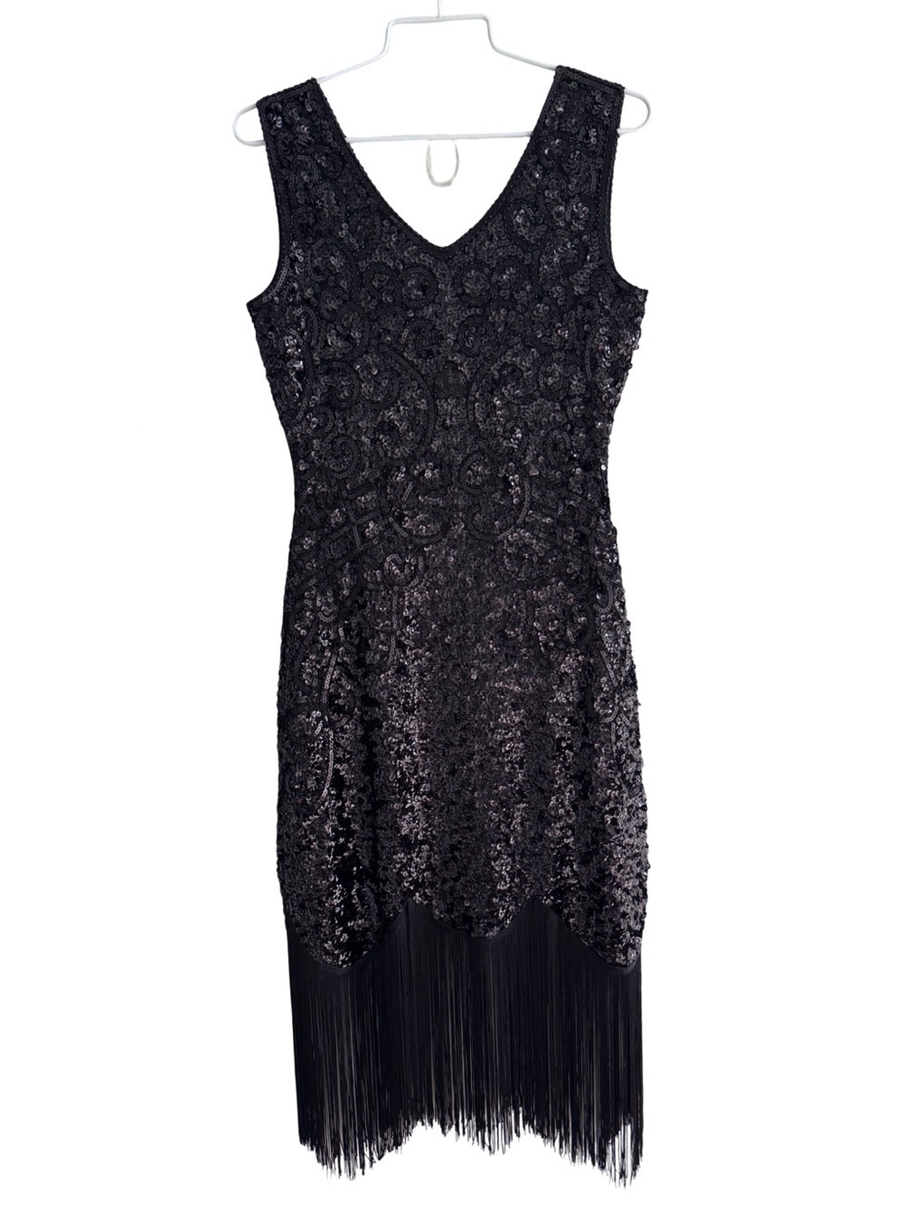 Women’s Black Flapper Old Hollywood Sequined Fringe Hem Cocktail Dress Small